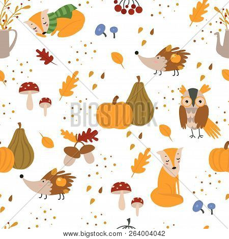 Autumn Seamless Pattern With Cute Forest Animals