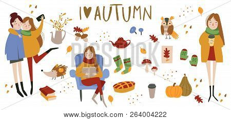 Set Of Cute Autumn Animals, Plants, Food And Sweets, Girls, Women