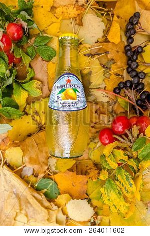 Saint-petersburg, Russia, 17102018 Sanpellegrino In A Glass Tin Bottle On Autumn Yellow Green Foliag