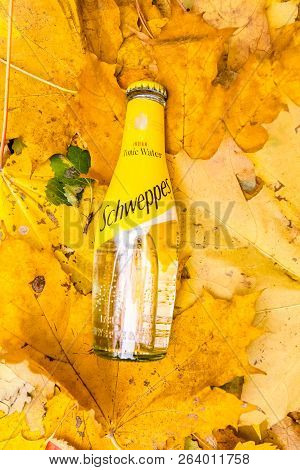 Saint-petersburg, Russia, 17102018 Drink Schweppes In A Glass Bottle On Autumn Yellow Green Foliage 