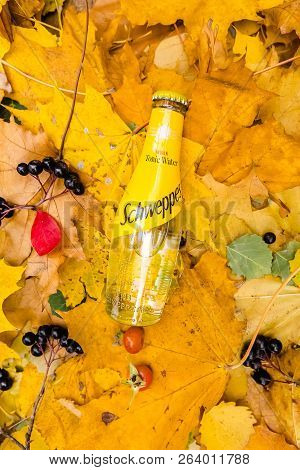 Saint-petersburg, Russia, 17102018 Drink Schweppes In A Glass Bottle On Autumn Yellow Green Foliage 
