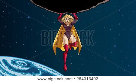 Looping Animation Of Powerful And Brave Superhero Holding Huge Asteroid Above His Head During Danger