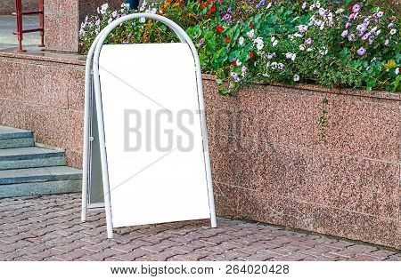 Bulletin Board, Advertising, Portable Street Stand Poster With Blank White Space For Text Near Flowe
