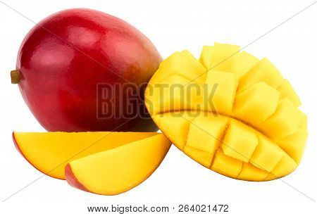 Mango Fruit With Mango Cubes And Slices. Isolated On A White Background
