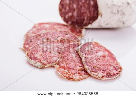 Saucisson Sec Delicious French Salami On A White Background