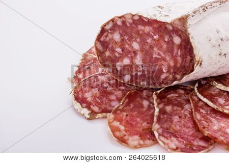 Saucisson Sec Delicious French Salami On A White Background
