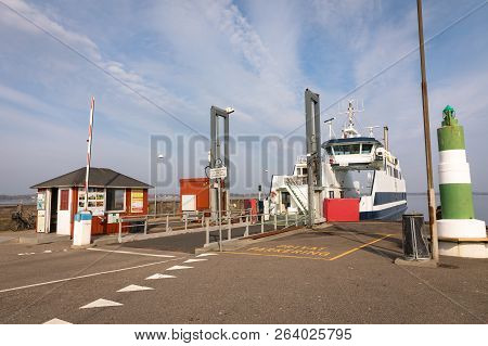 Holbaek, Denmark - October 2018: The Ferry Going From Holbaek To Oroe, Ferry Terminal At The Bay In 