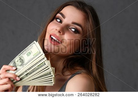 Beautiful European Woman Portrait. Scattering Money Notes Dollars In Fashion Vows Style  Curly Hair 