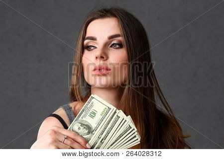 Beautiful European Woman Portrait. Scattering Money Notes Dollars In Fashion Vows Style  Curly Hair 