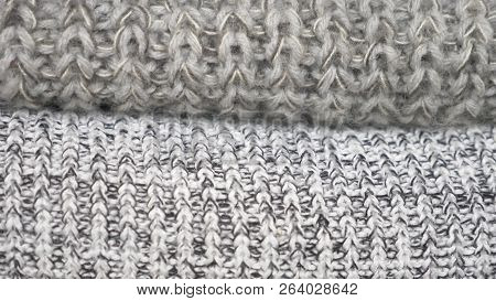 Knitten Things. Sweaters Are Lying A Pile. Close-up, Cozy Seasonal Background