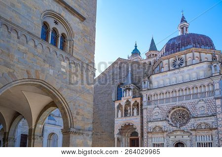 Bergamo, Italy , The S. Maria Maggiore Basilica With The Colleoni Chapel And The Della Ragione Palac