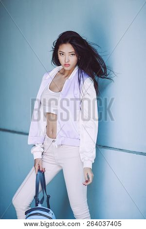 Woman Trendy Fashion. Attractive Sporty Asian Girl In Full Length With Elegant Hairstyle And Perfect