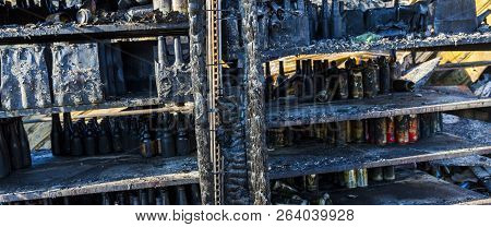 Damaged Industry Supermarket Metallic Facade After Arson Fire With Burnt Debris After Intense Burnin