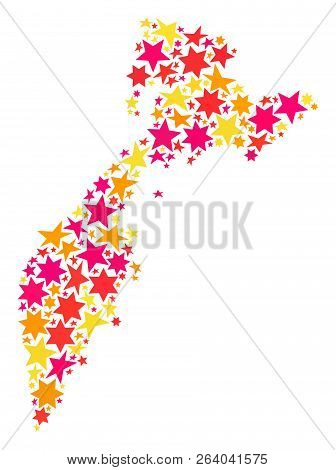 Map Of Kamchatka Peninsula Designed With Colored Flat Stars. Vector Colored Geographic Abstraction O