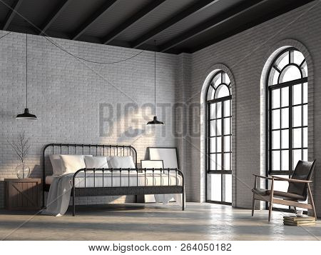 Loft Bedroom 3d Render,there Are White Brick Wall,polished Concrete Floor And Black Wood Ceiling.fur