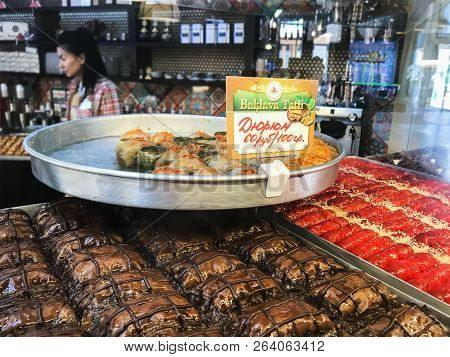 Pyatigorsk, Russia - September 20, 2018: Seller Near Trays With Local Sweets In Pastry Shop In Pyati