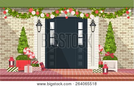 Vector Illustration. Christmas Decorations On The Front Door Of A Residential Building, A Wreath Of 