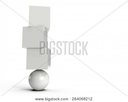 Three white boxes balancing on an orb