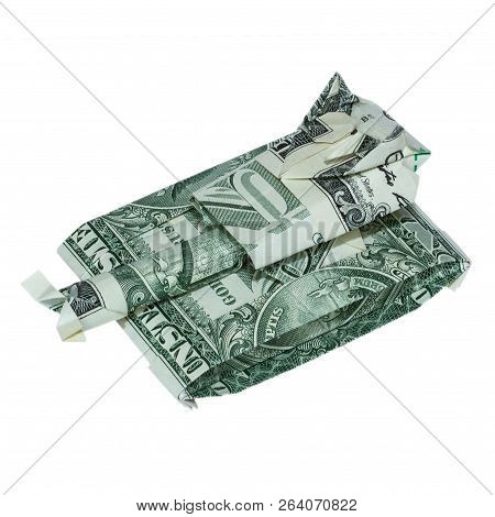 Money Origami Tank Folded With Real One Dollar Bill Isolated On White Background