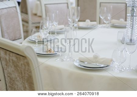 The Banquet Hall With Round Tables, With Cutlery, Clouse View