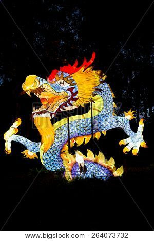 MONTREAL,CANADA- SEPT 8 2018: Botanical garden exhibit in Mtl Glittering lanterns of various shapes illuminate the Chinese Garden and the eyes of thousands of visitors who come to enjoy the spectacle.