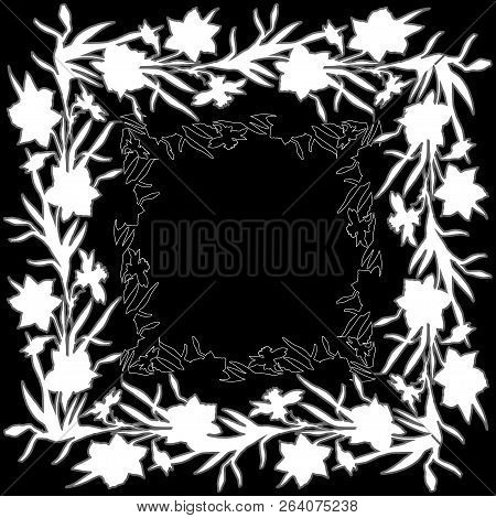 Floral Square Ornament Border With Hand Drawn Flowers Daffodils, Narcissus. White Contour Floral Ele