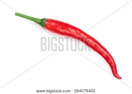 Red Hot Chili Pepper Isolated On White Background. Top View. Flat Lay Pattern