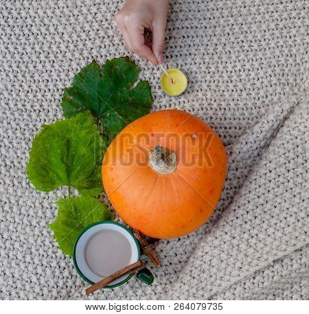 Pumpkin Spiced Coffee With Small Pumpkin The Coffee In A White Mug With Saucer And A Cinnamon Stick 