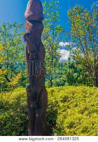 Samcheok, South Korea; September 25, 2018: Closeup Of Wooden Statue Of Human Penis Standing In Front