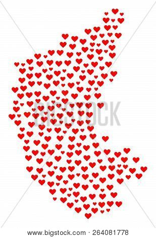 Collage Map Of Karnataka State Designed With Red Love Hearts. Vector Lovely Geographic Abstraction O