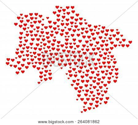 Mosaic Map Of Lower Saxony State Composed With Red Love Hearts. Vector Lovely Geographic Abstraction