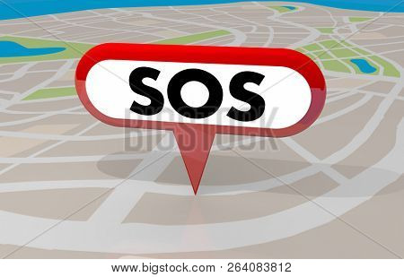 SOS Signal Save Us Resue Emergency Map Pin 3d Illustration