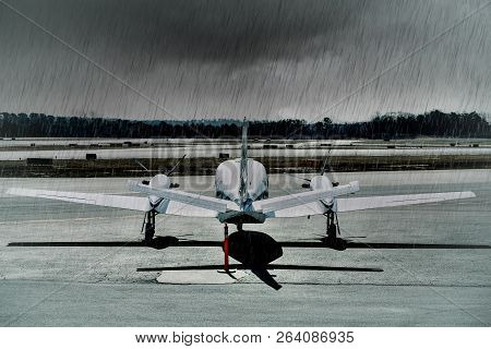A Large White Prop Driven Plane On Tarmac From Rear