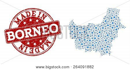 Map Of Borneo Island Vector Mosaic And Made In Grunge Stamp. Map Of Borneo Island Created With Blue 