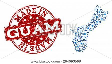 Map Of Guam Island Vector Mosaic And Made In Grunge Stamp. Map Of Guam Island Composed With Blue Eng