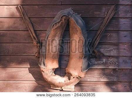 Old Leather Horse Yoke Hangin On Wooden Wall