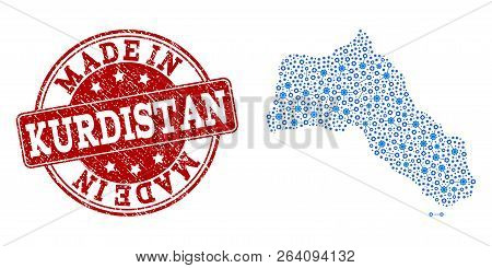 Map Of Kurdistan Vector Mosaic And Made In Grunge Stamp. Map Of Kurdistan Designed With Blue Gear Li