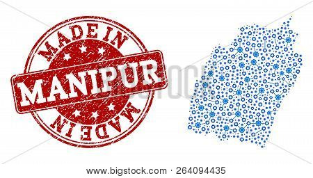 Map Of Manipur State Vector Mosaic And Made In Grunge Stamp. Map Of Manipur State Formed With Blue W