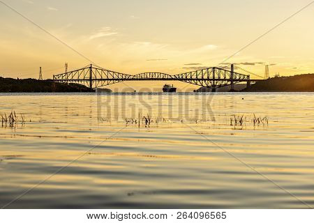 Quebec City Bridge In Canada On The Sunset