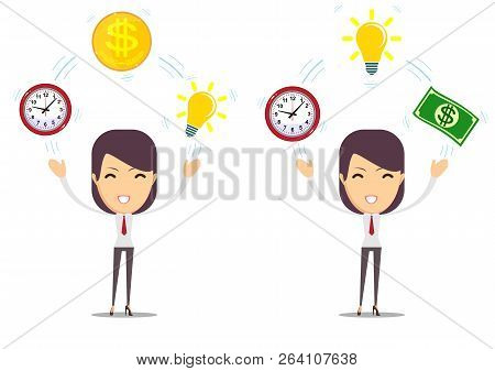 Young Girl Before Movement Objects In Business. Stock Flat Vector Illustration.
