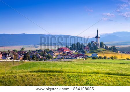 Beautiful Landscape Of Valley In Slovakia Mountains, Houses In Village, Rural Scene. Spissky Stvrtok