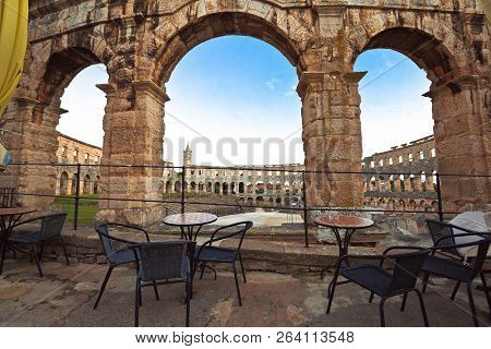 Arena Pula Historic Roman Amphitheater Arches And Detail View, Istria Region Of Croatia