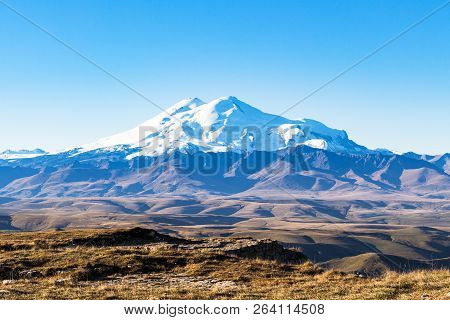 Travel To North Caucasus Region Region - View Of Mount Elbrus From Bermamyt Plateau At September Mor