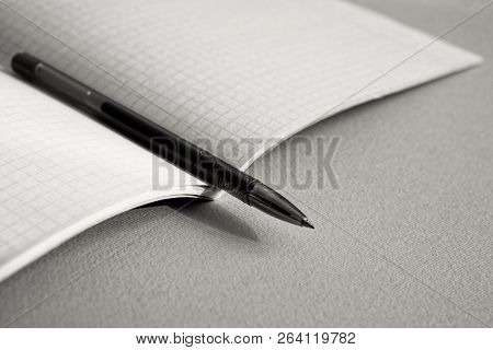Time For Business And Study. The Pen Lies On A Notebook For Mathematics. Monotone