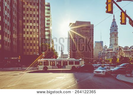 Philadelphia - Usa - September 19, 2018: Sunrise Time At City Center In Philadelphia At Summer Time.