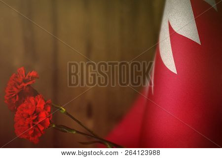 Bahrain Flag With Two Red Carnation Flowers For Honour Of Veterans Day Or Memorial Day On Orange Blu
