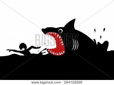 Cartoon Illustration Of A Man Swimming Panic Avoiding Shark Attacks