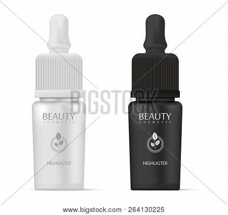 Cosmetics Highligter Bottles With Dropper In Black And White Colors. Realistic Mockup Vector Illustr