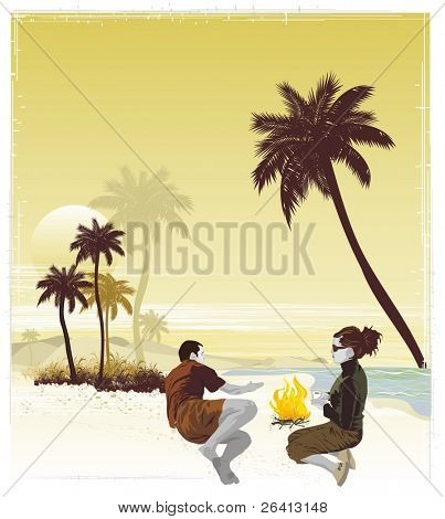 couple having fun under the palm trees on the beach, artistic vector illustration