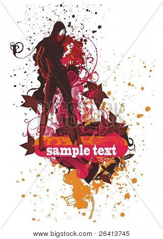 atractive kvinde silhuet på abstrakt grunge & blomstermotiver baggrund